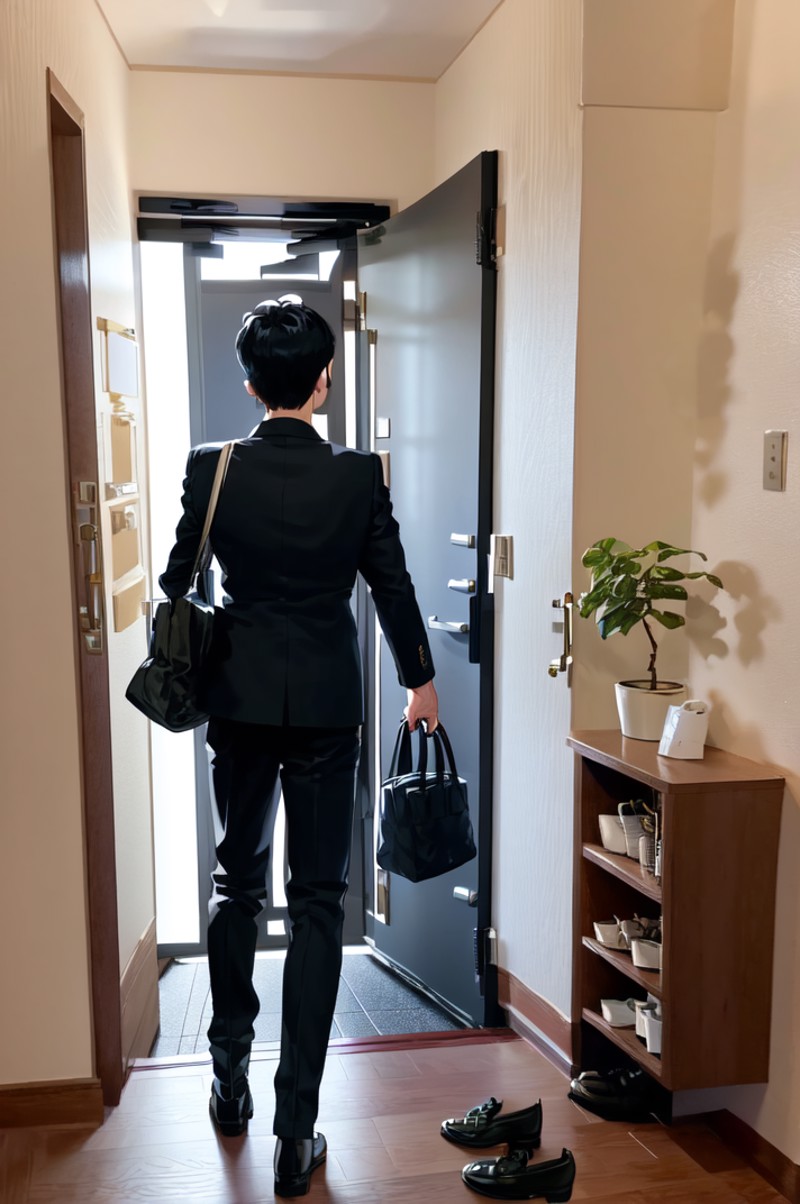 masterpiece, best quality, ultra-detailed, illustration,
1boy, solo, male focus, door, formal, suit, black hair, from behi...